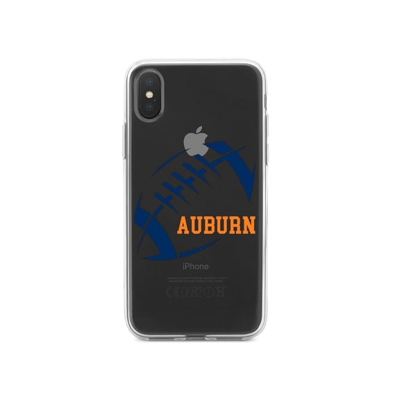 DistinctInk Clear Shockproof Hybrid Case for iPhone XS Max (6.5" Screen) - TPU Bumper, Acrylic Back, Tempered Glass Screen Protector - Auburn Football - Orange, Blue