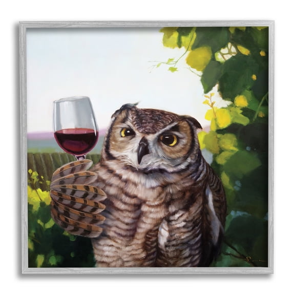 Stupell Industries Great Horned Owl Drinking Red Wine Vineyard Bird , 24 x 24, Designed by Lucia Heffernan