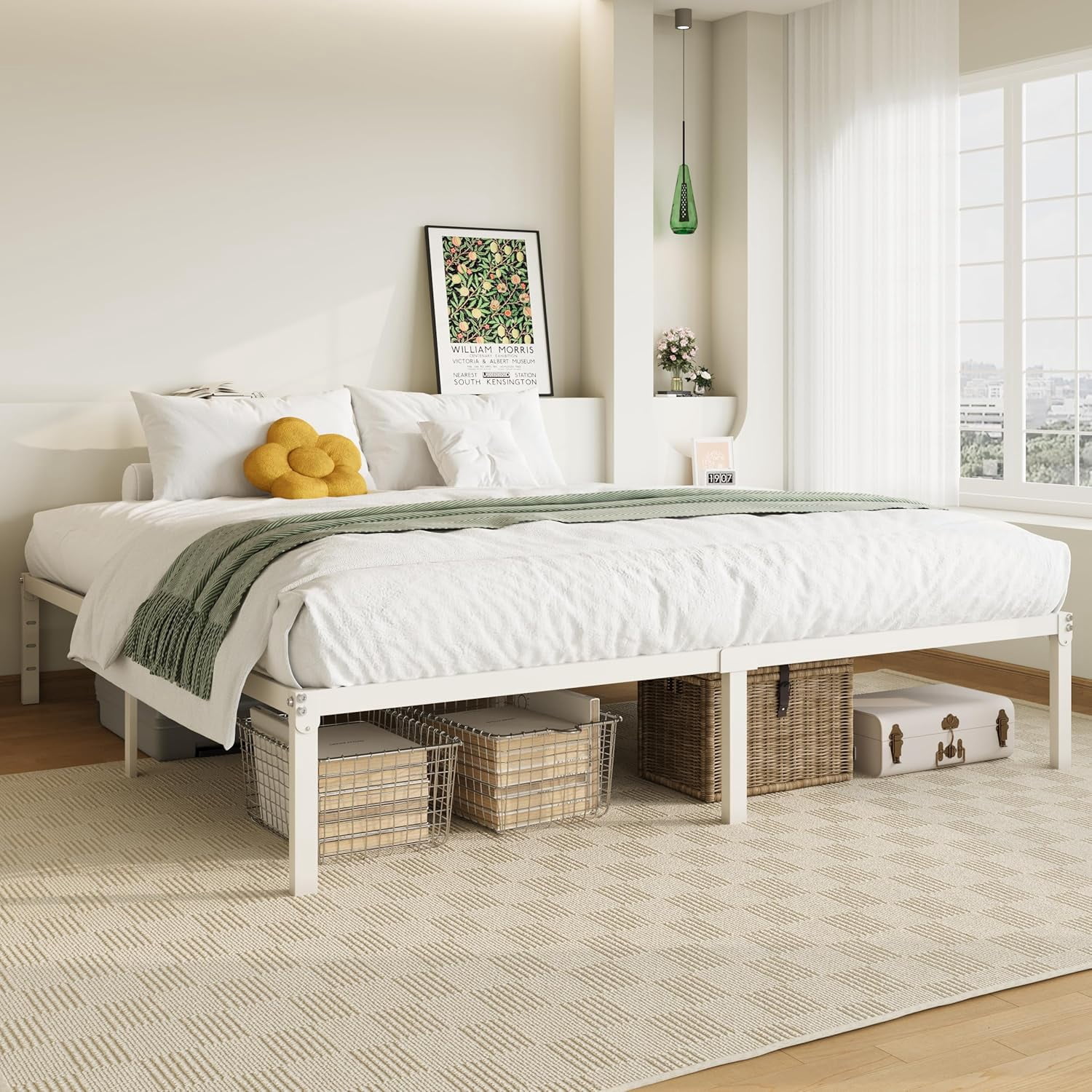 LUDYSHARE King Size Bed Frame, 14 inch Metal Platform Beds with Storage Space, No Box Spring Needed and Easy Assembly, White