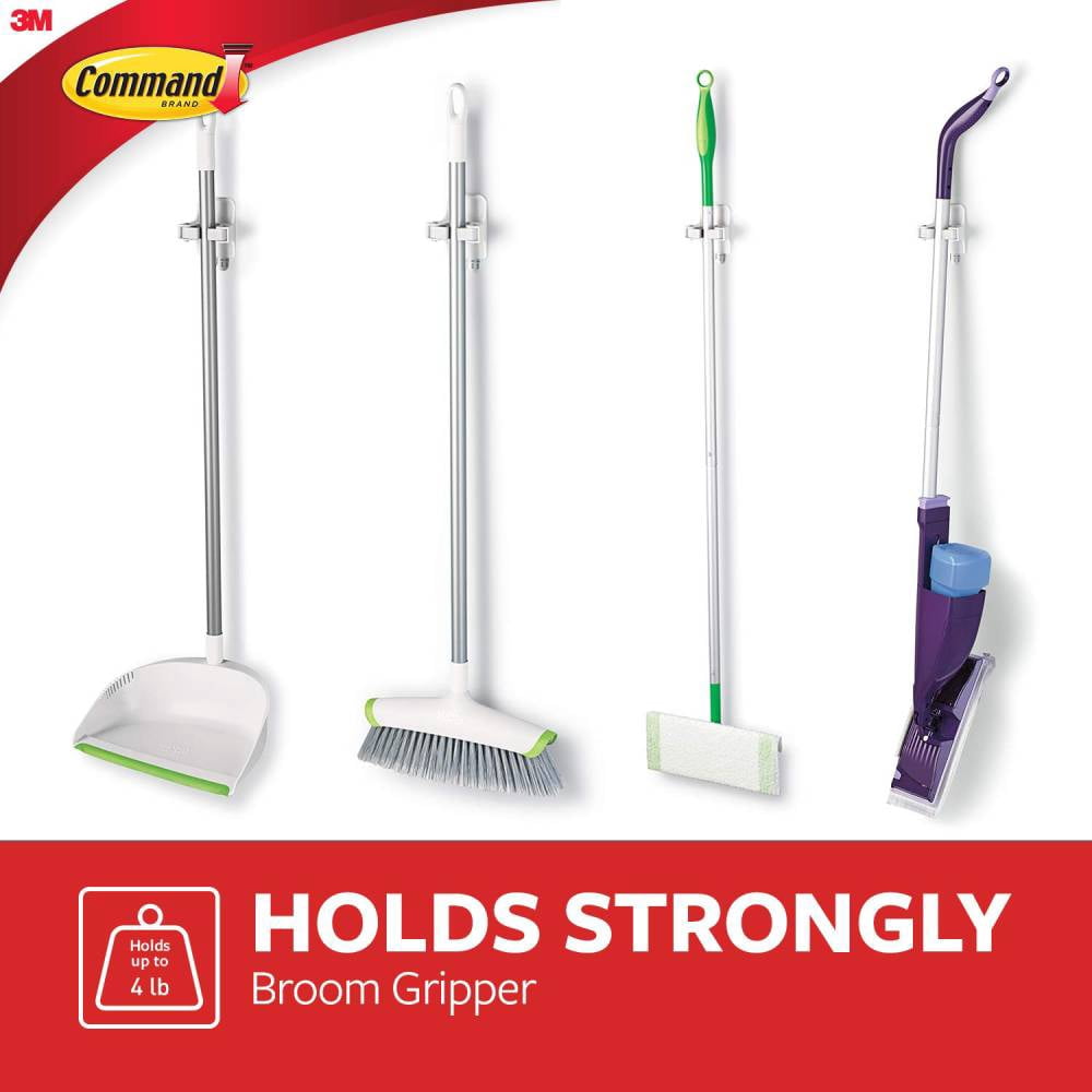 Command Broom Mop Stick Gripper Holder Indoor White Grey, 3-Pack