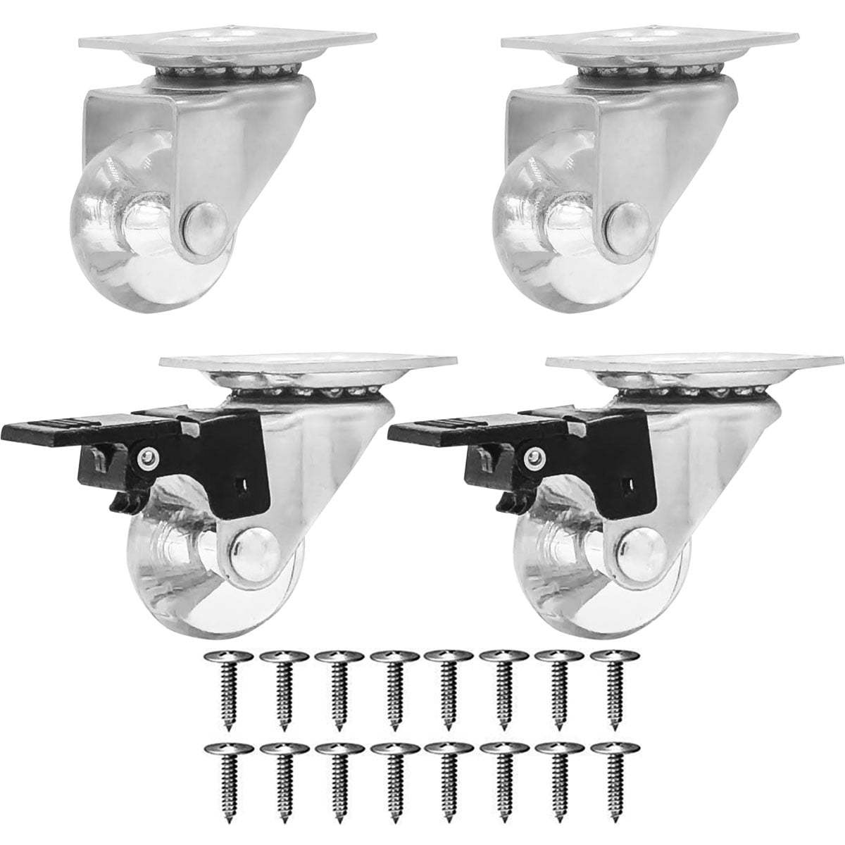 12 Pack Clear Swivel Caster No Brake 1.5" Transparent Wheels with Screws 