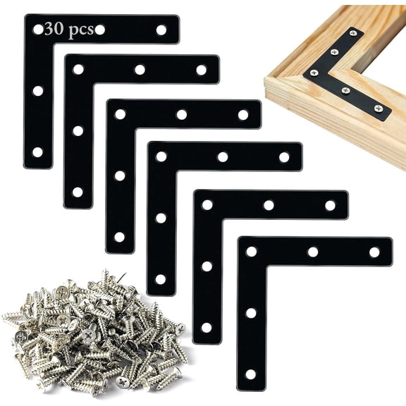 Flat Corner Braces, L Right Angle Braces, Repair Mending Plates for Wooden Frames Beds Tables Cabinets Chairs, Joining Bracket Support with Screws, Black