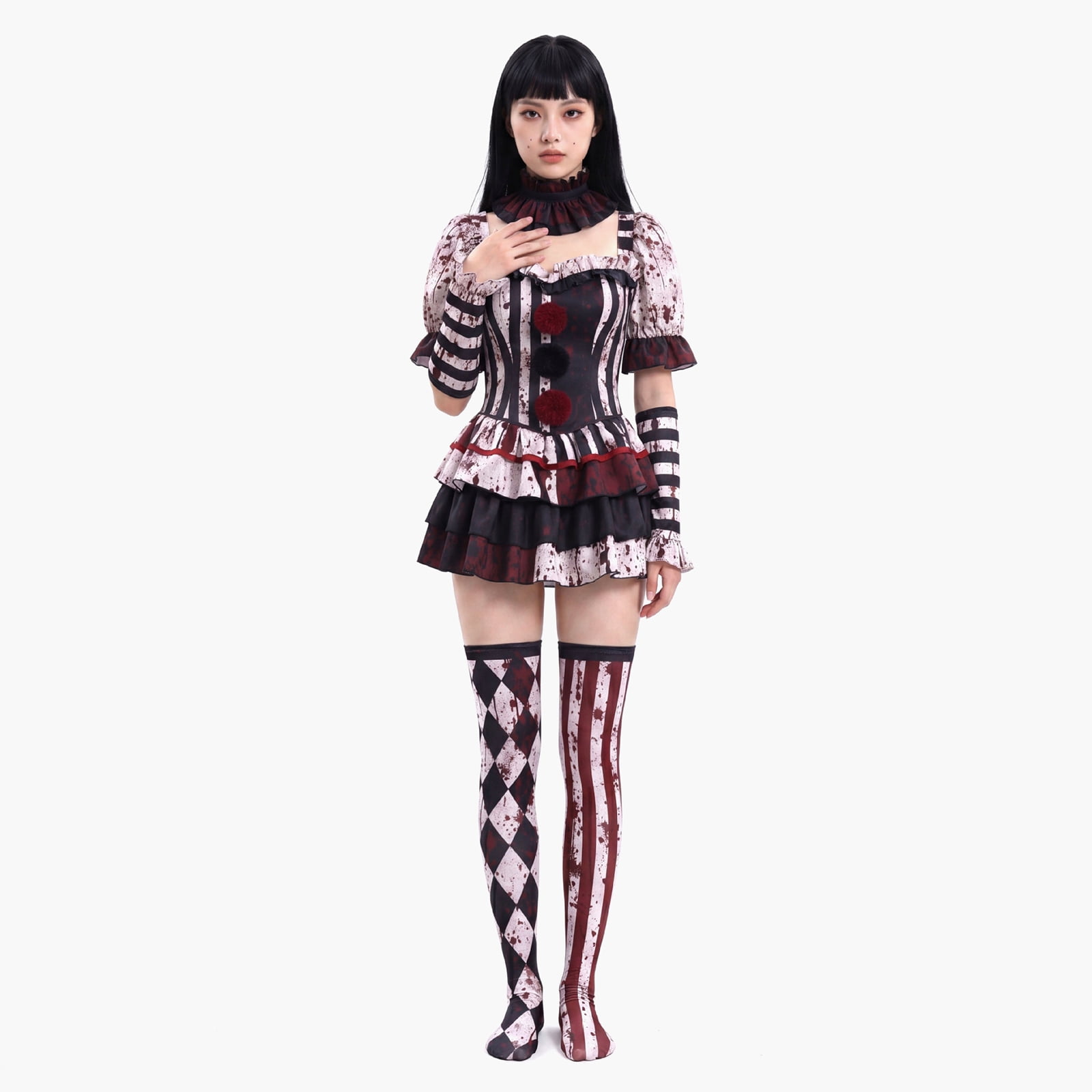 2026 New Halloween Dark Jester Cosplay Costume Gloom Harlequin Party Dress Up Costume Set Cosplay Set Includes Dress with Accessories Unisex Holiday Party Gifts Halloween Outfit XL