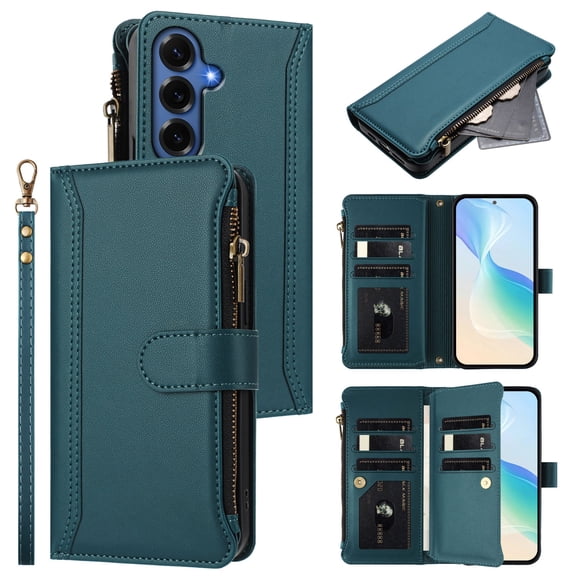 Decase for Samsung Galaxy S26 Zipper Wallet Phone Case,Shockproof Cover with 9 Card Slots,Magnetic Flip PU Leather Hybrid Card Holder Kickstand,Darkgreen