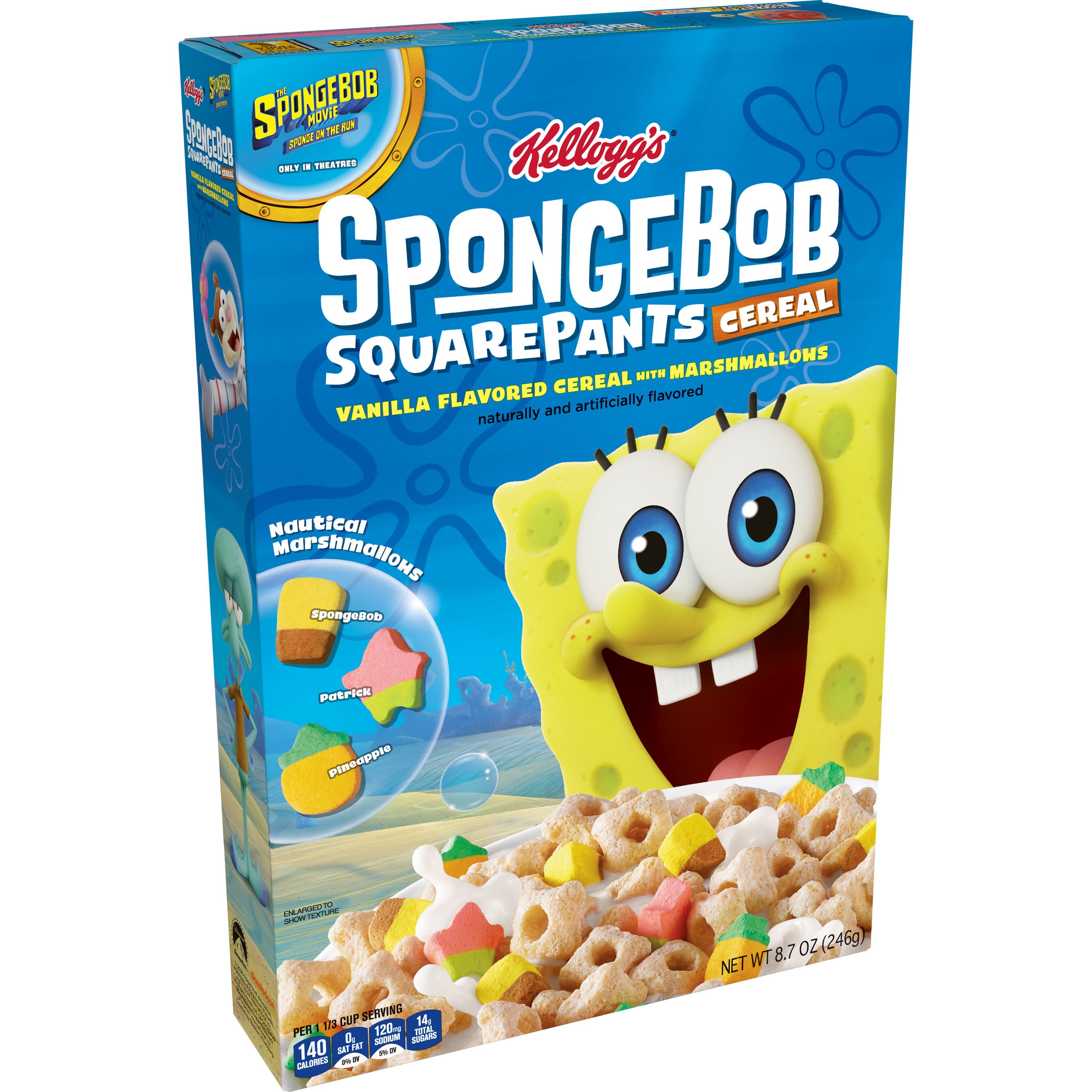 Kellogg's SpongeBob SquarePants, Breakfast Cereal, Vanilla Flavored with Marshmallows, 8.7 Oz