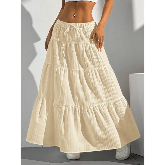 Tiered Pleated Low-Waist Flowing Maxi Skirt Beige