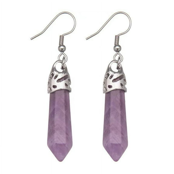 Nvzi-c men's and women's earrings, natural stone crystal single pointed hexagonal pendant stainless steel earrings (purple)