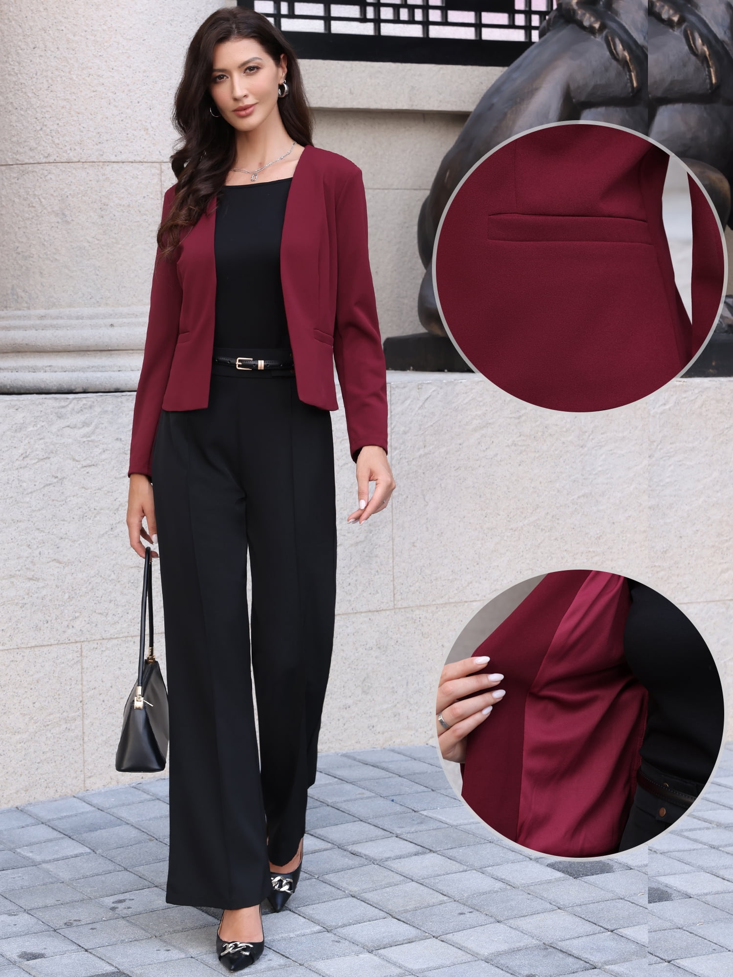 DARING DIVA Women's Collarless Business Outfits Open Front Suit Blazer S Burgundy