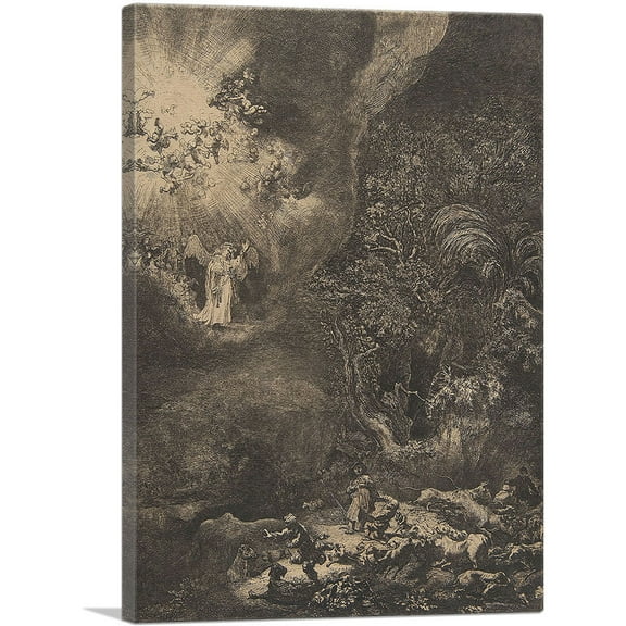 ARTCANVAS The Angel Appearing to the Shepherds 1634 Canvas Art Print by Rembrandt van Rijn - Size: 26" x 18" (0.75" Deep)