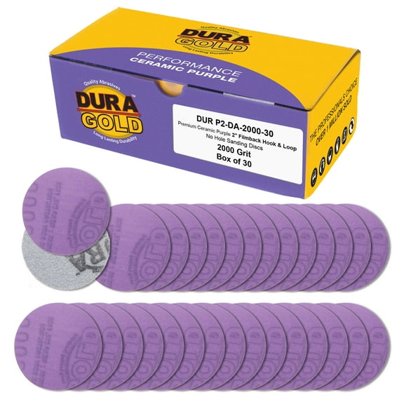 Dura-Gold Premium 2000 Grit 2" Purple Film Ceramic Sanding Discs, Box of 30 - Hook & Loop Backing Sandpaper for DA Sander, Drill, Grinder, Rotary Tool - Sand Auto Body Paint, Metal, Wood, Woodworking
