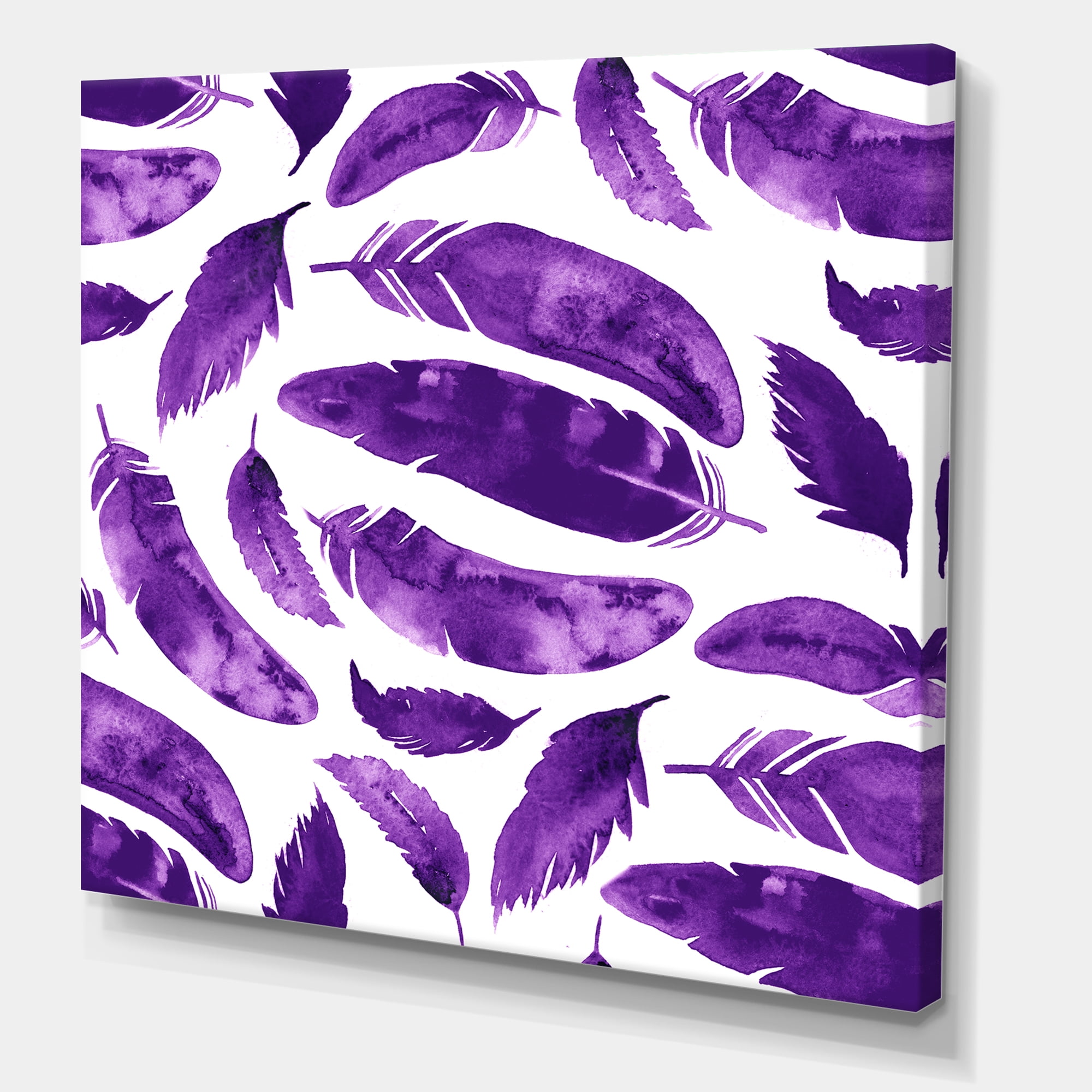 Designart ' Ethnic VIolet Feathers On White ' Bohemian & Eclectic Canvas Wall Art Print