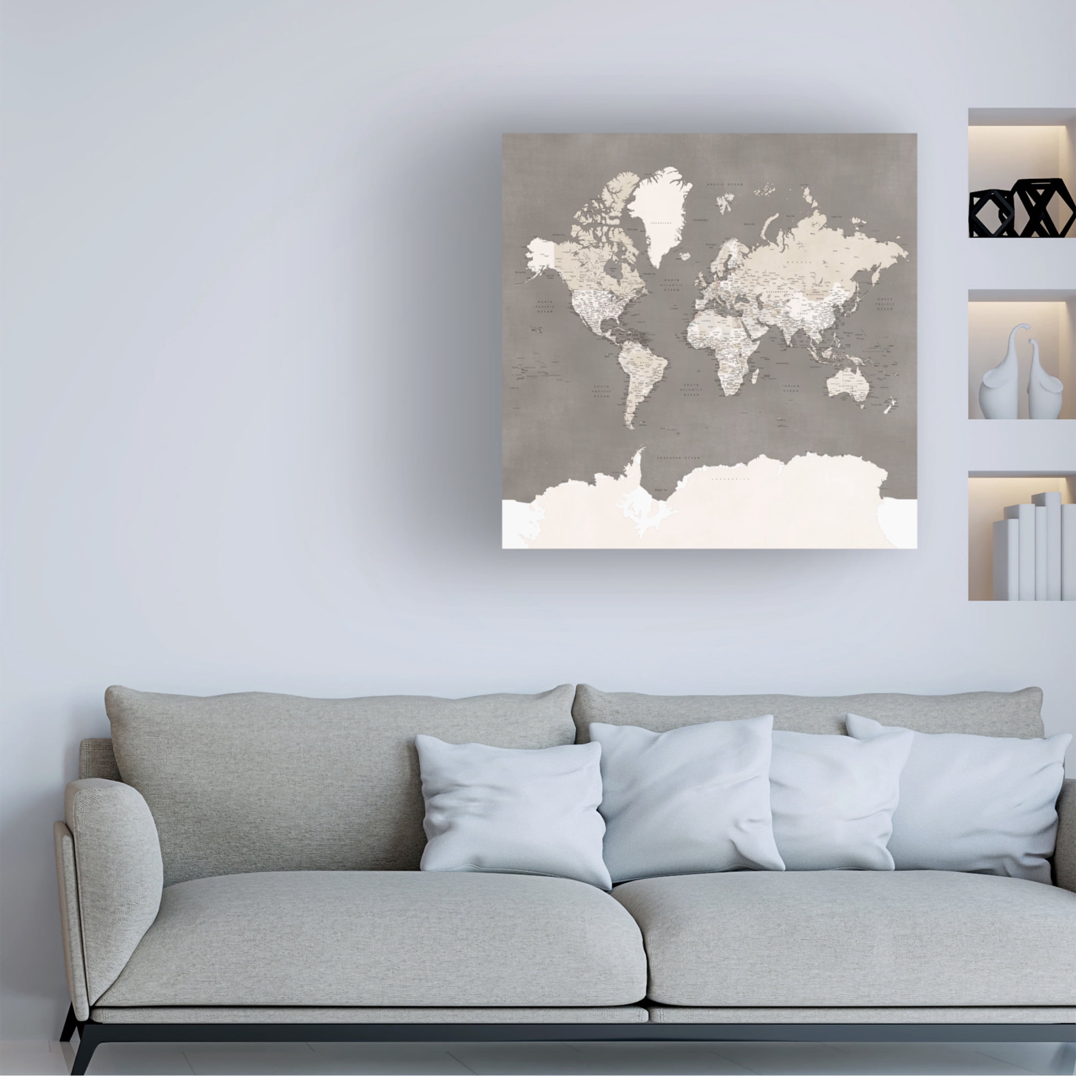 Canvas Wall Art - blursbyai 'Phuoc Detailed World Map In Brown' Wall Art for Living Room, Bedroom, or Office Décor by Trademark Fine Art - 14 x 14 Inches