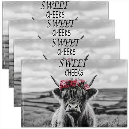 

Erosebridal Highland Cow Placemats Set of 4 18 x12 Highland Cattle Placemat for Kitchen Dining Table Decor Indoor Outdoor Animal Table Place Mats Wildlife Decor Table Place Mats Dull Grey