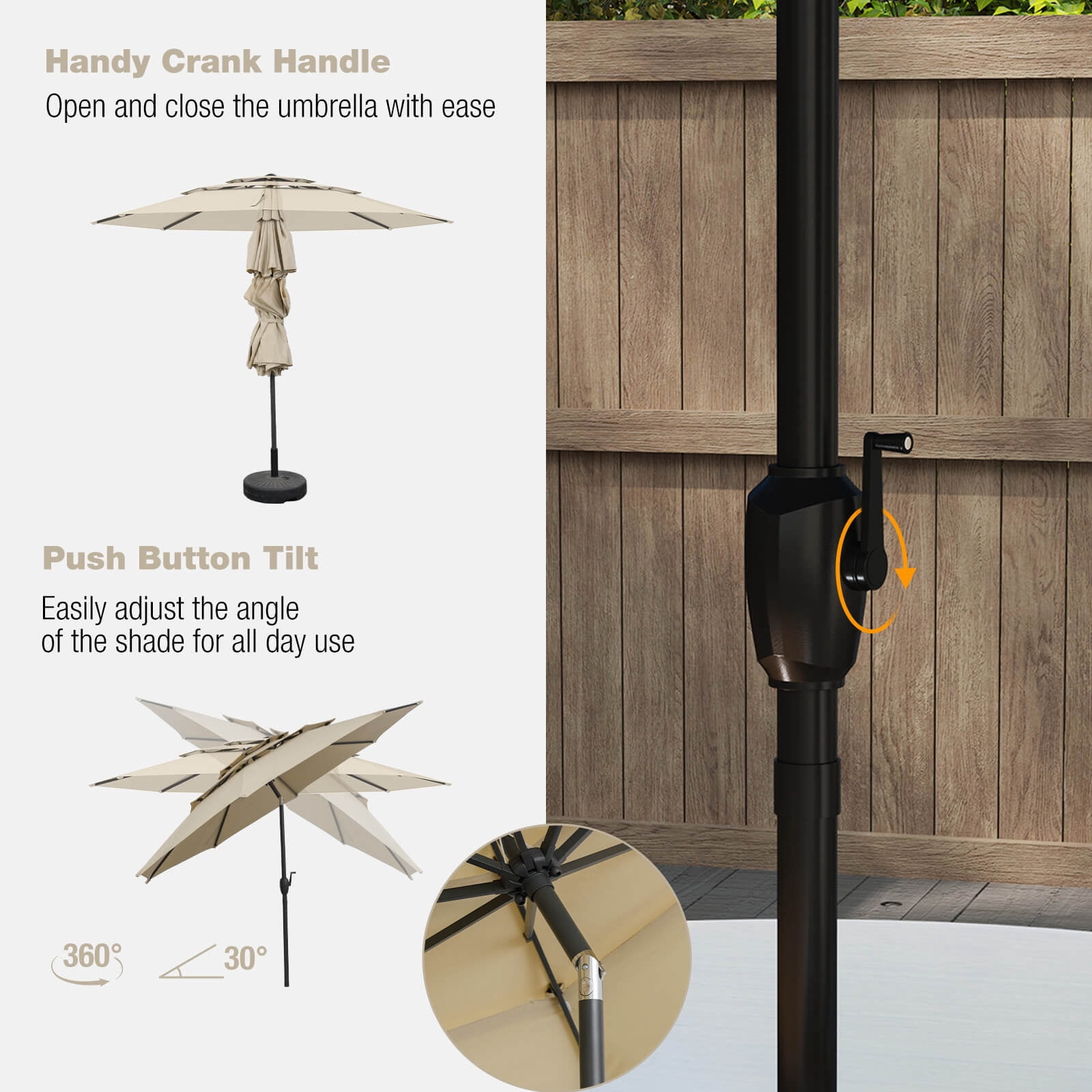 Costway 10 ft 3-tier Vented Patio Umbrella Large Market Table Umbrella Outdoor Sun Shade Beige