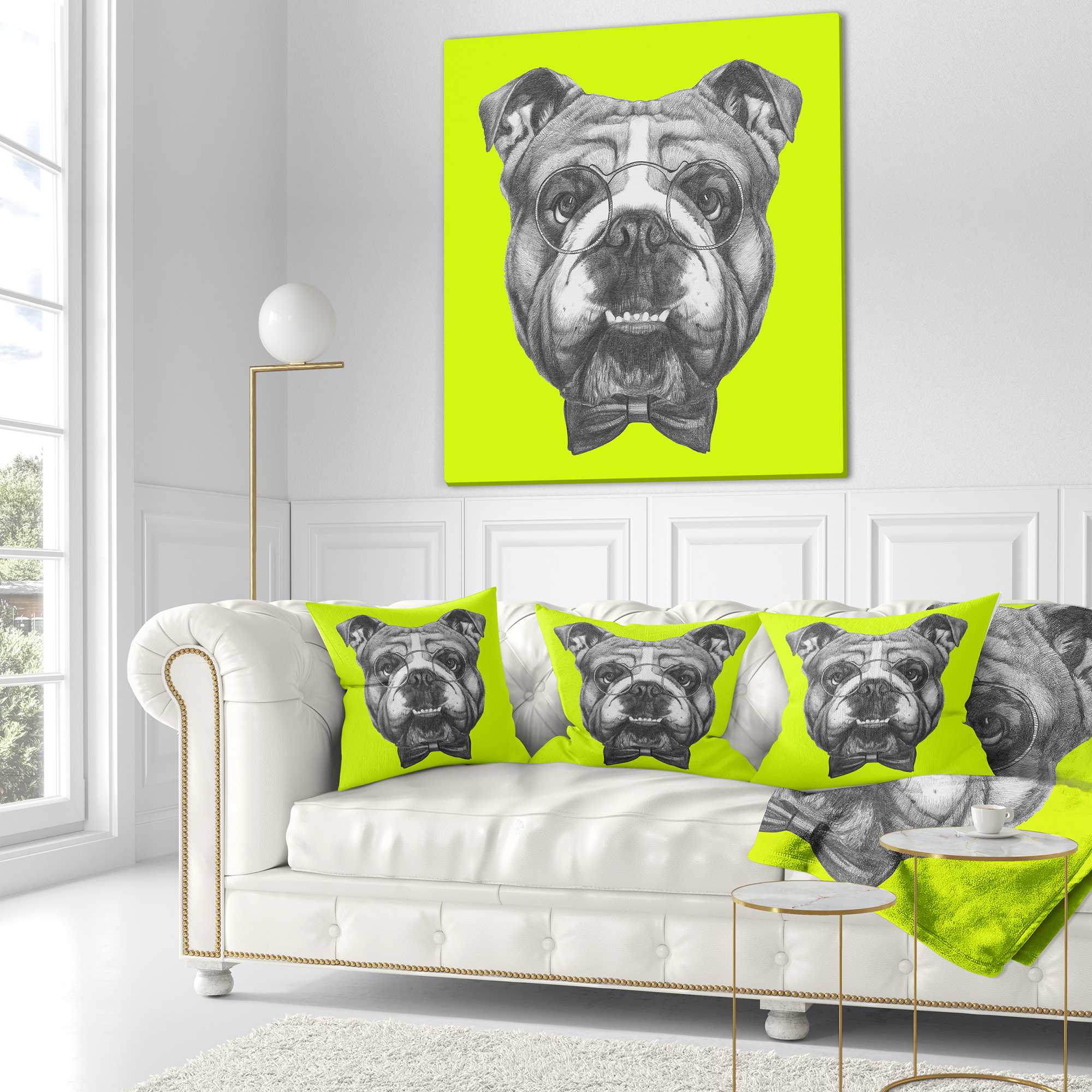 Designart English Bulldog with Bow Tie - Contemporary Animal Throw Pillow - 16x16