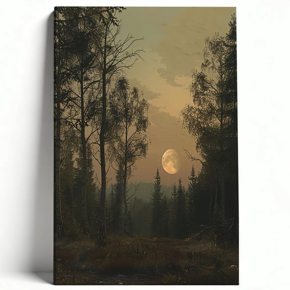 Moonlit Forest Canvas Wall Art, Dark Woodland Landscape Print, Night Sky Nature Scenery Decor, Rustic Cabin Wall Decor for Living Room Bedroom 8*12