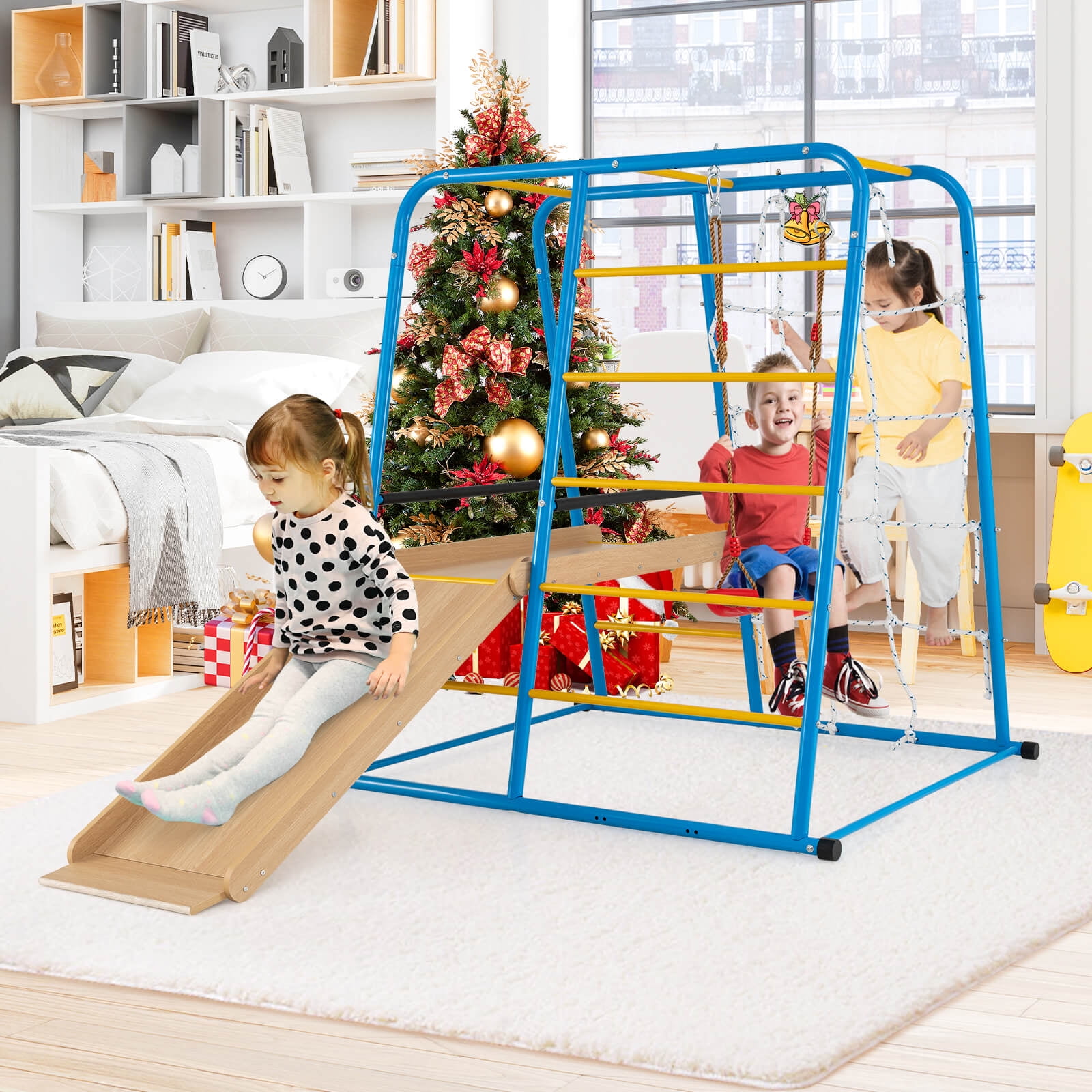 Costway 6-in-1 Indoor Jungle Gym with Slide Swing Monkey Bars