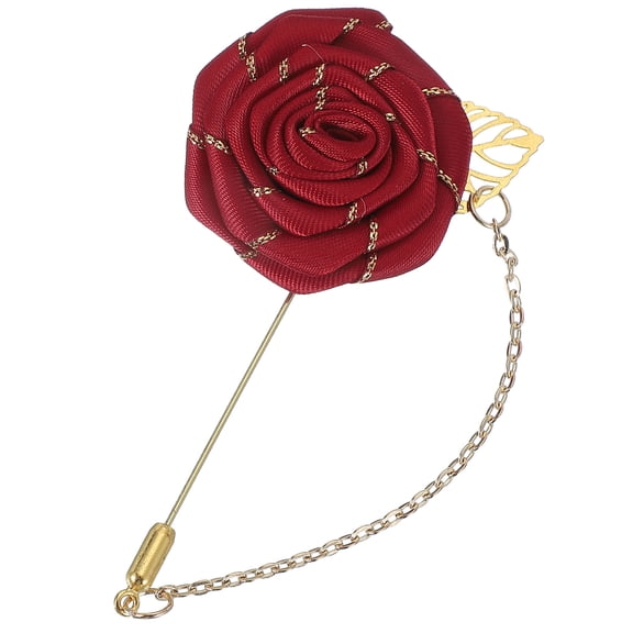 Rose Lapel Pin for Men Suits, Men Cloth Rose Flower Brooch Pin Handmade Boutonnieres Pins with Gold Leaf/Chain Brooch for Men Suit Accessories, Wine Red