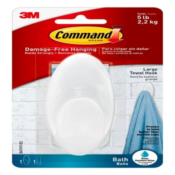 Command Towel Hook, Frosted, 1 Large Wall Hook, 1 Water Resistant Strip, Bathroom Organization