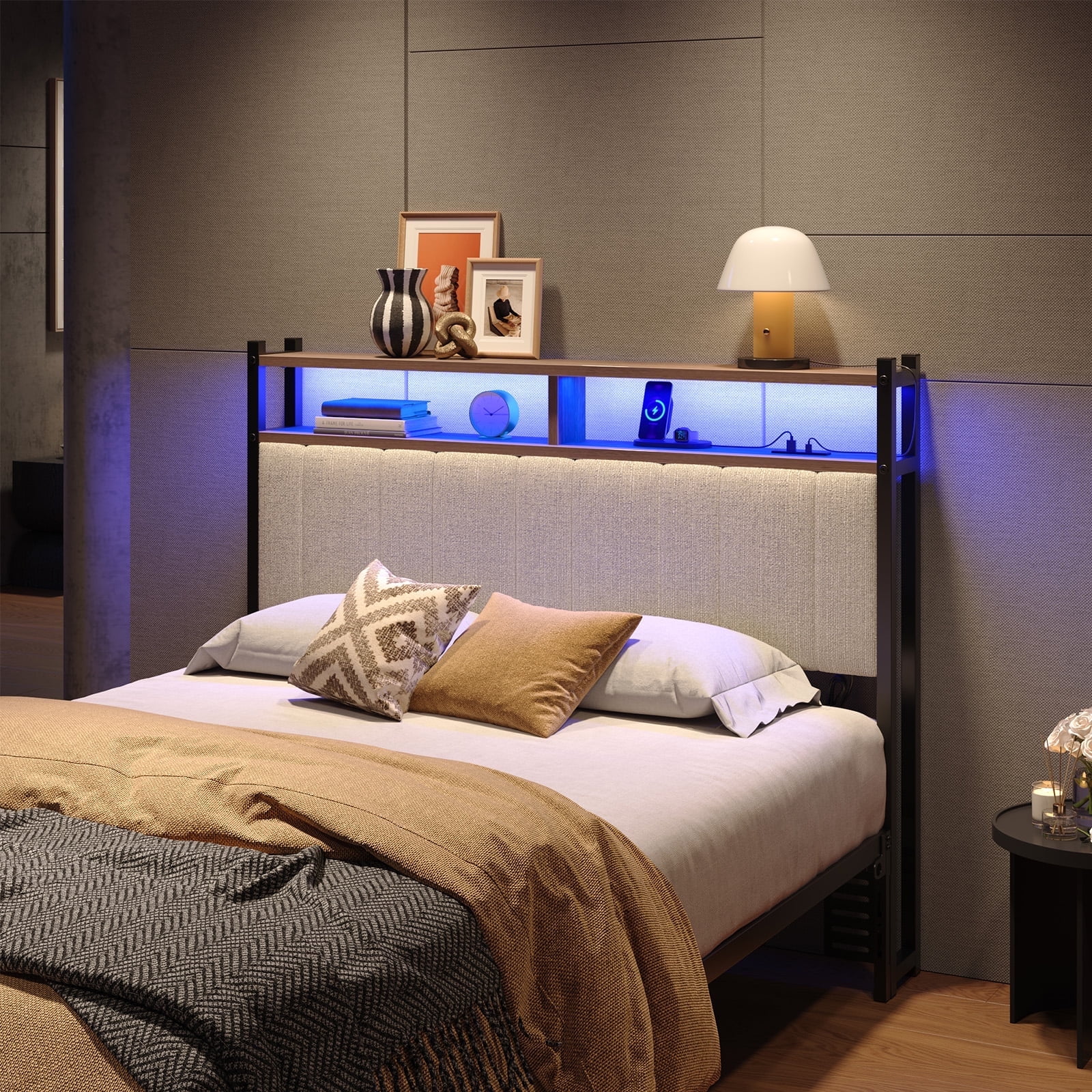 Pinmoco Headboard for Full Size Bed with Storage, Linen Upholstered Headboard with LED & USB Charging, Beige, Headboard Only(Bed Frame Not Included)