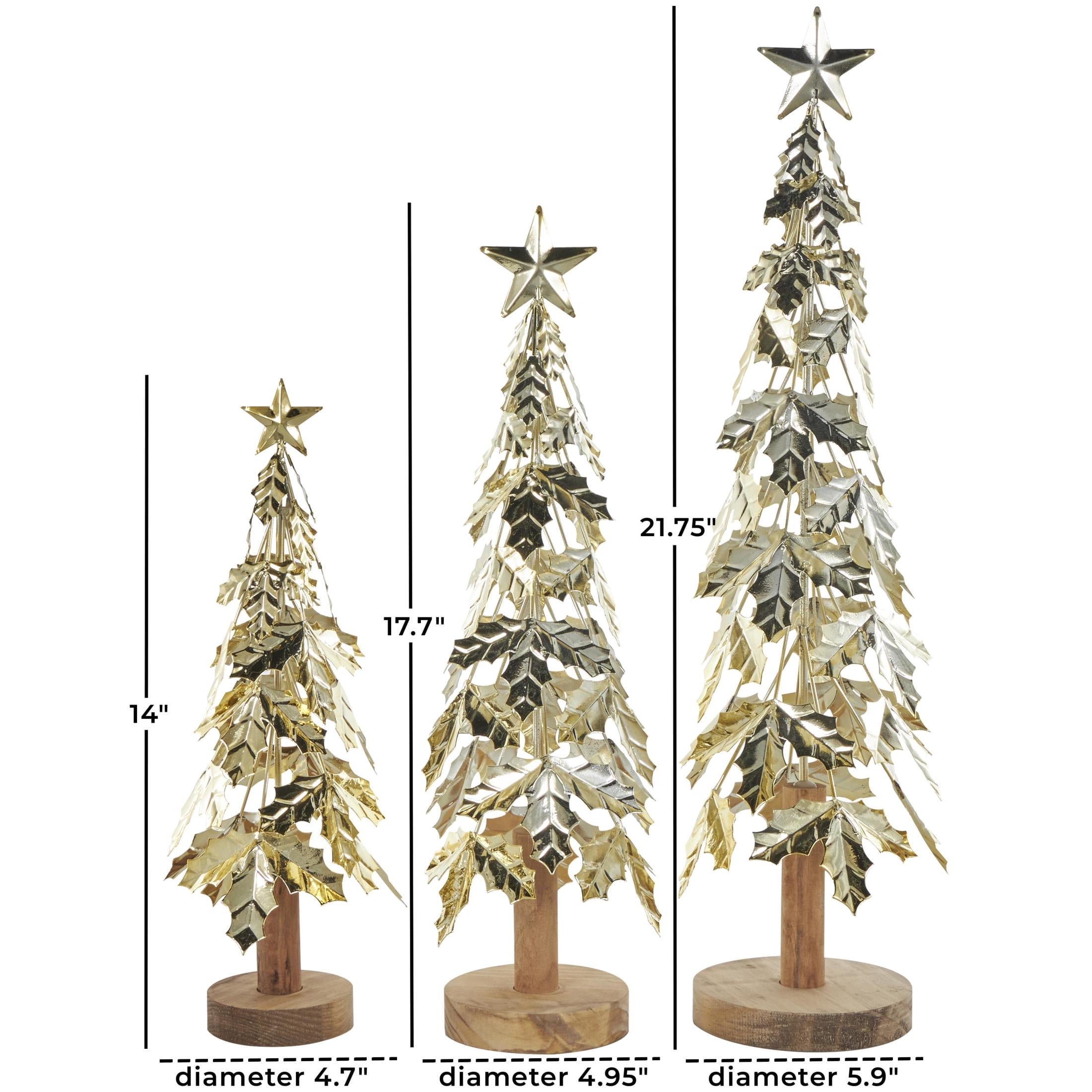 22", 18", 14"H Gold Metal Holiday Holly Leaf Tree Christmas Sculpture with Wooden Base and Star Topper, by DecMode (3 Count)