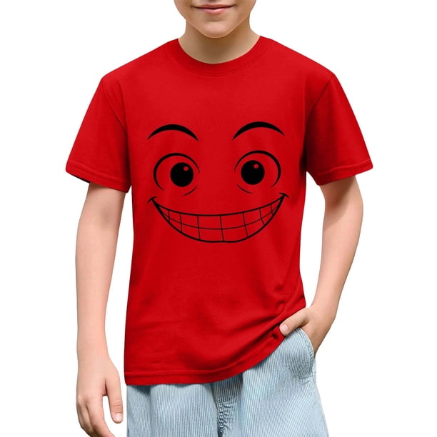 Blusas y camisas de manga corta con cuello redondo para niños y niñas, color liso, con estampado de expresión linda, manga corta, holgadas y cómodas, blusa para niña