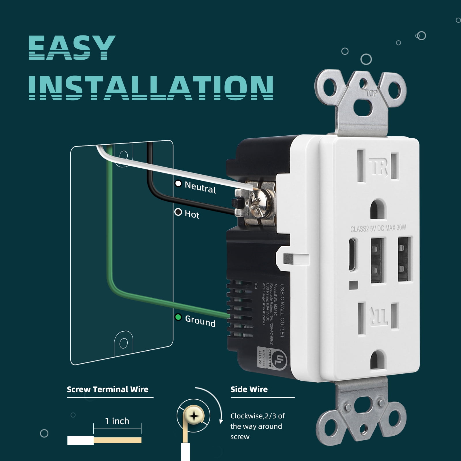 TOPELER 15A Tamper Resistant USB Outlet with 3 Ports (6.0A Total), Includes Screwless Wall Plate, UL & FCC Listed, White, 2 Pack