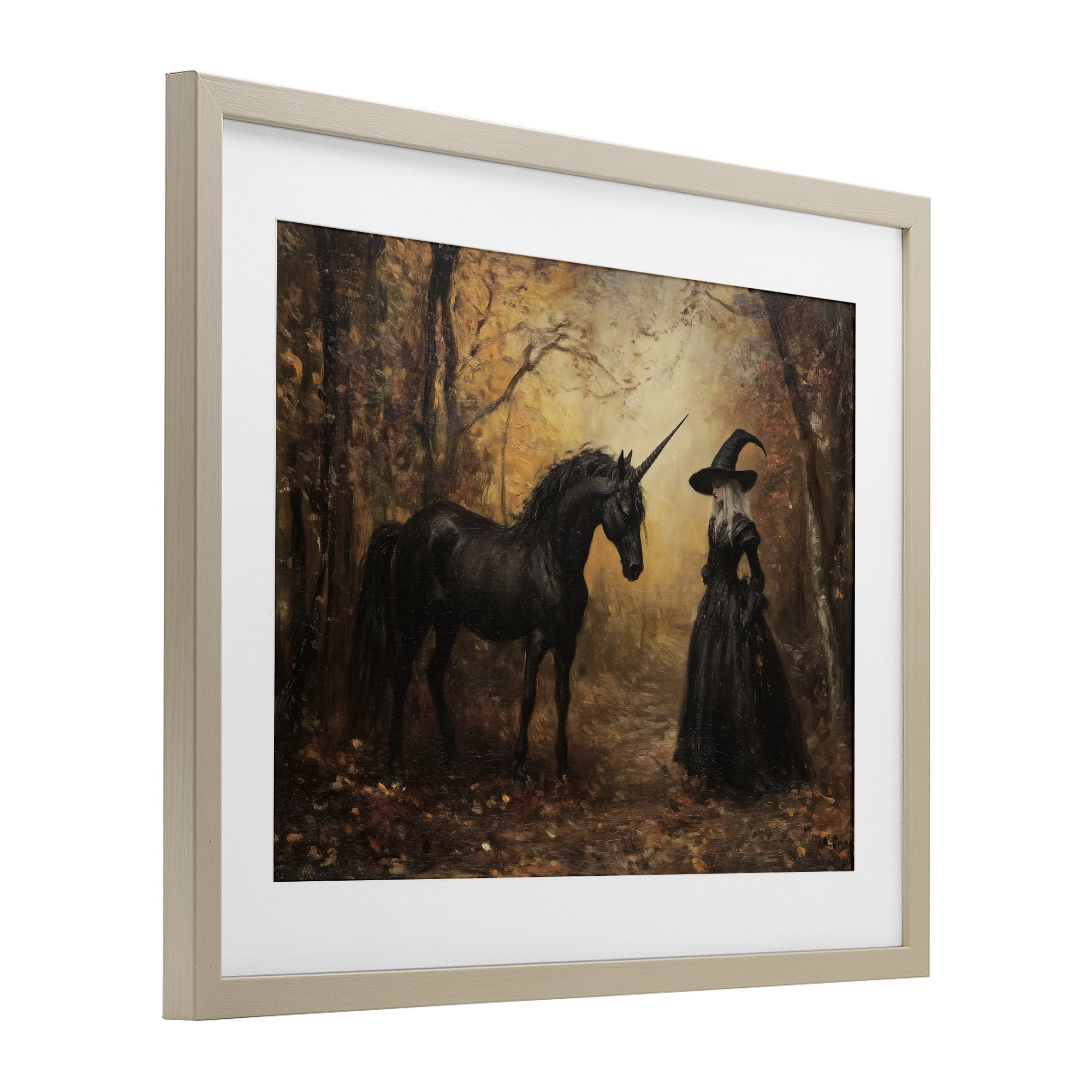 Witch & Black Unicorn Birch Framed Print Under Glass, design by Arlington Prints