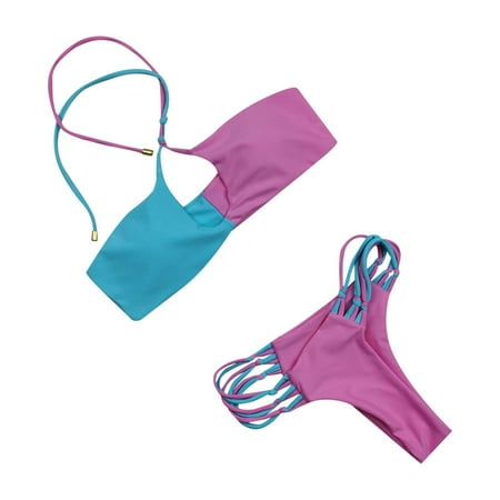 HTNBO Thong Bikini Swimsuit for Women Bandage Solid Color Patchwork Swimwear Sexy 2 Piece Swimsuits Pink M