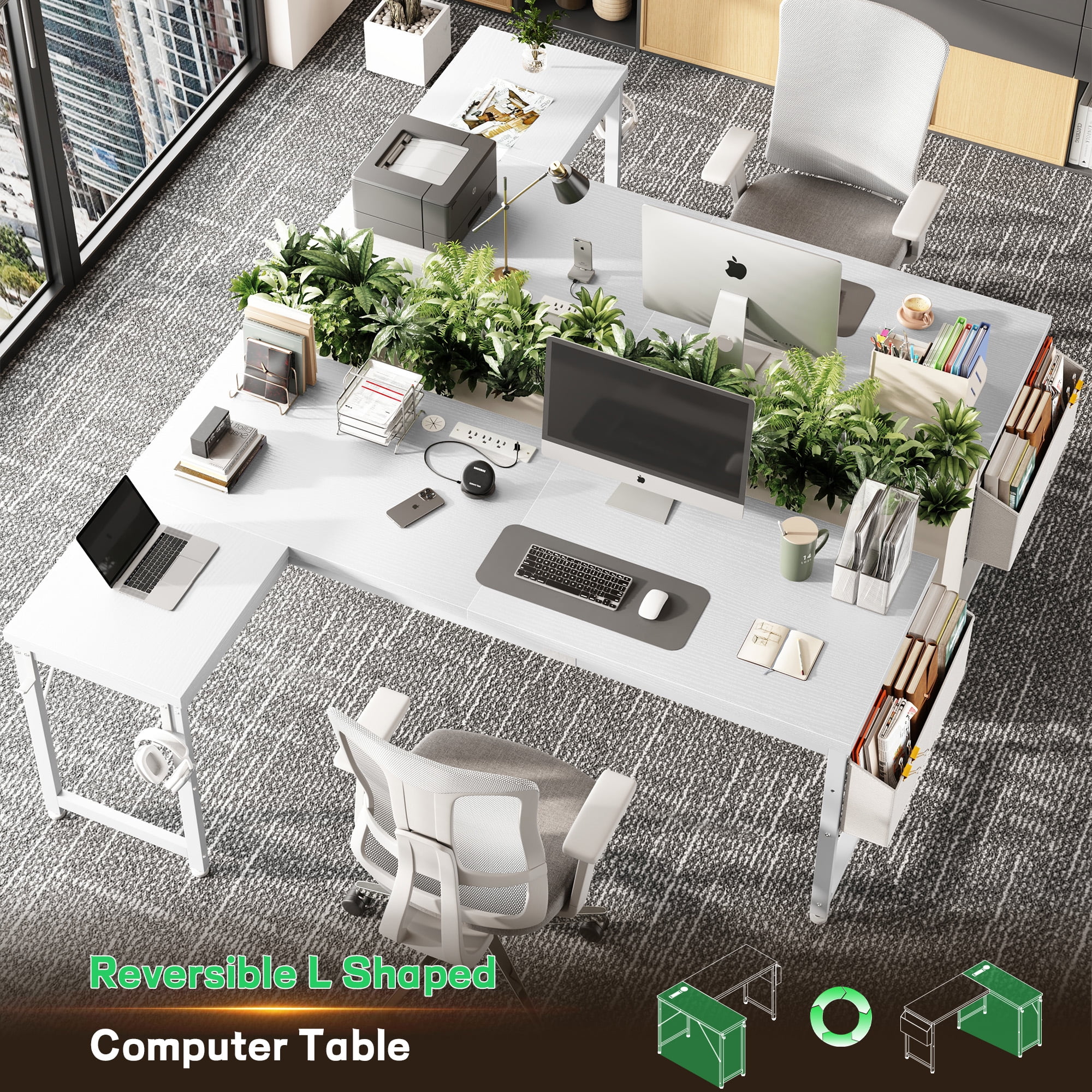 EnHomee Computer Desk with Storage Reversible Gaming Desk with Outlets L-Shaped Desk with LED Lights,White