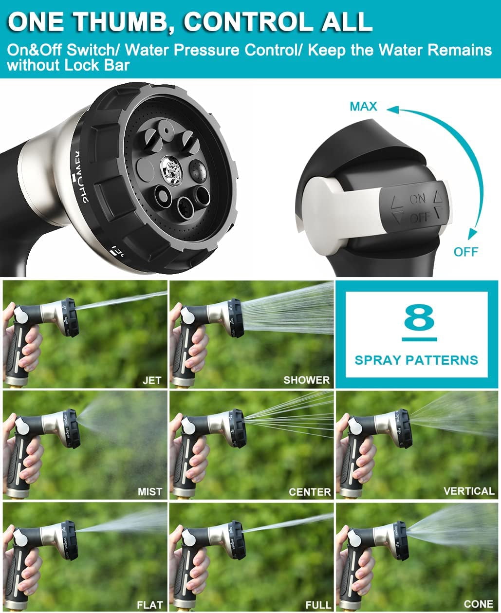 Garden Hose Nozzle Sprayer, 100% Heavy Duty Metal Water Hose Nozzle with 8 Different Spray Patterns, High Pressure Hand Sprayer for Watering Plant & Lawn, Washing Car & Pet