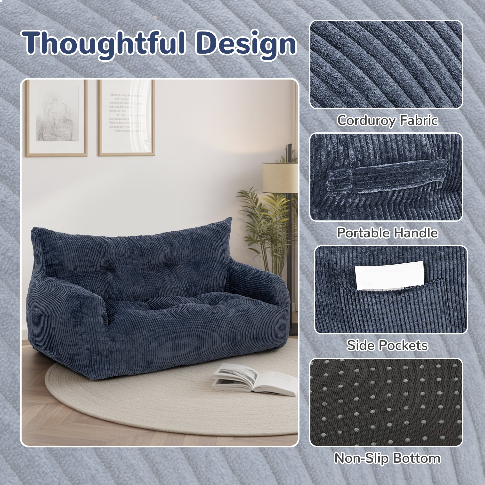 Pamapic Blue Bean Bag Chair, Double Seater Corduroy Lazy Sofa