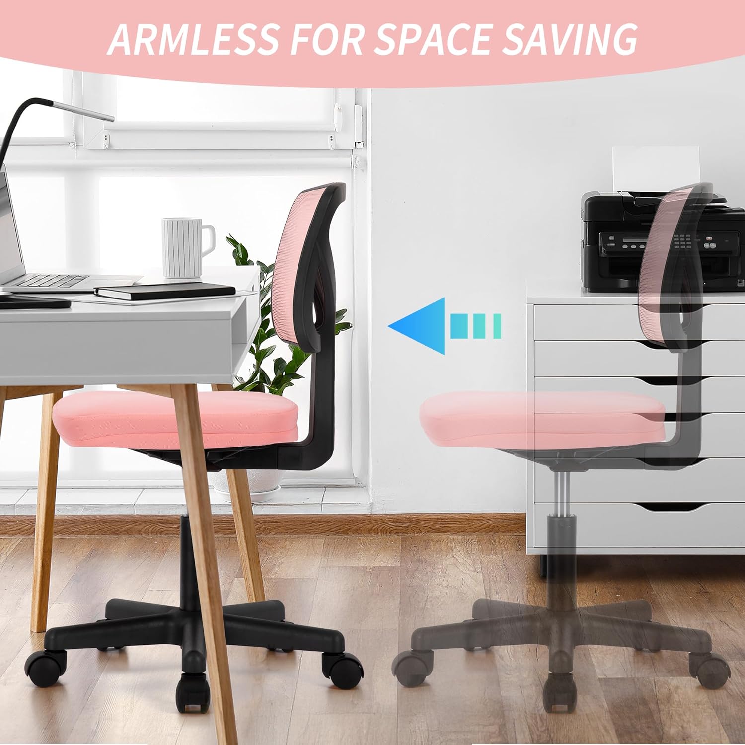 QUIOCOZY Armless Small Home Office Desk Chair, Ergonomic Low Back Computer Chair, Adjustable Rolling Swivel Task Chair with Lumbar Support for Small Space