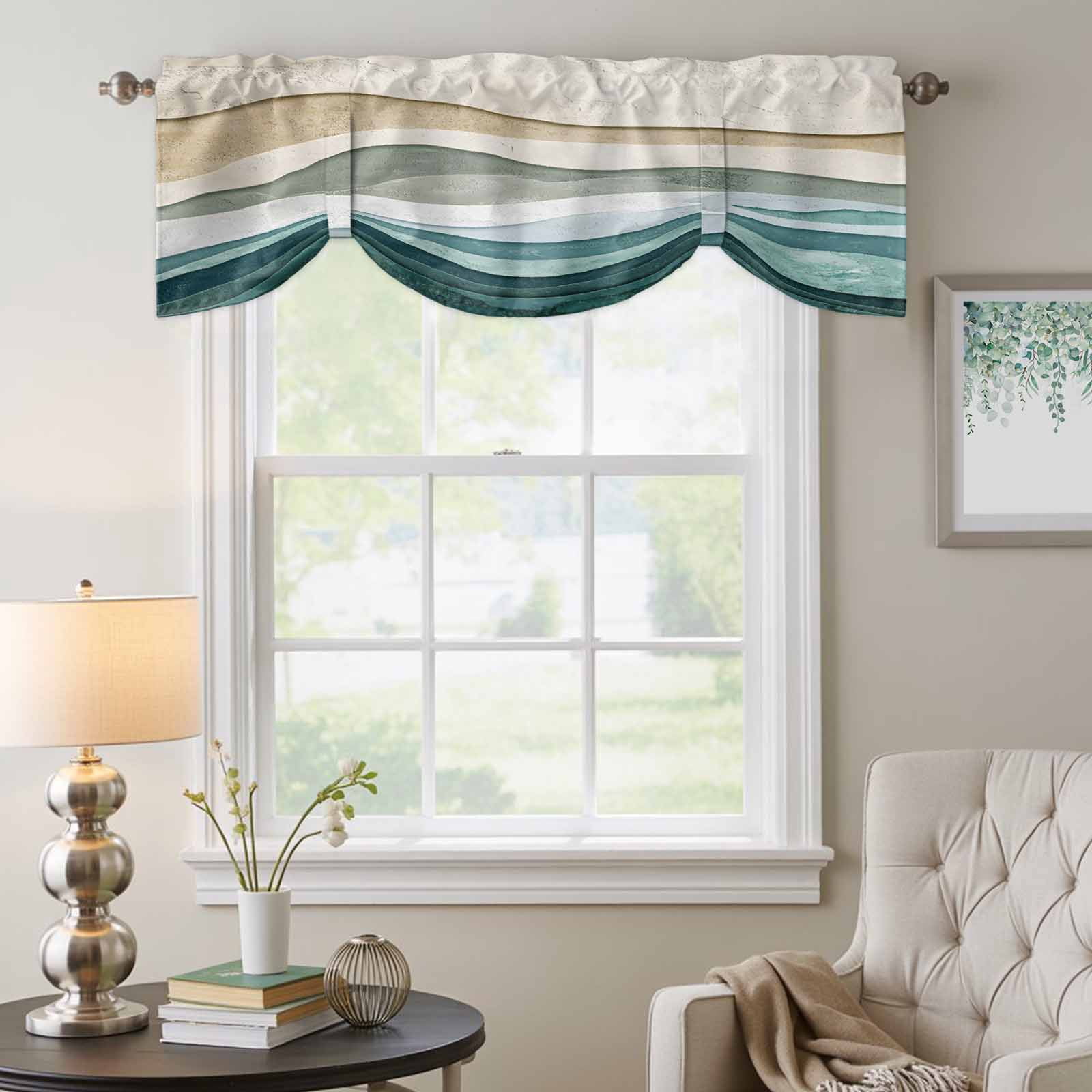 Abstract Wave Effect Tie Up Valances Curtain, Adjustable Kitchen Watercolor Blue Stripes Valances for Windows Decor, Rod Pocket Short Curtains Set for Bedroom/Bathroom, 54"x18"