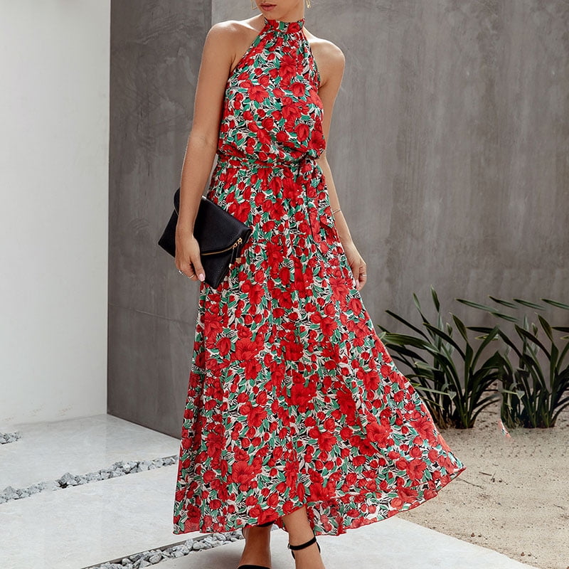 Anself Fashion Women Floral Long Dress Sleeveless Halter Bow