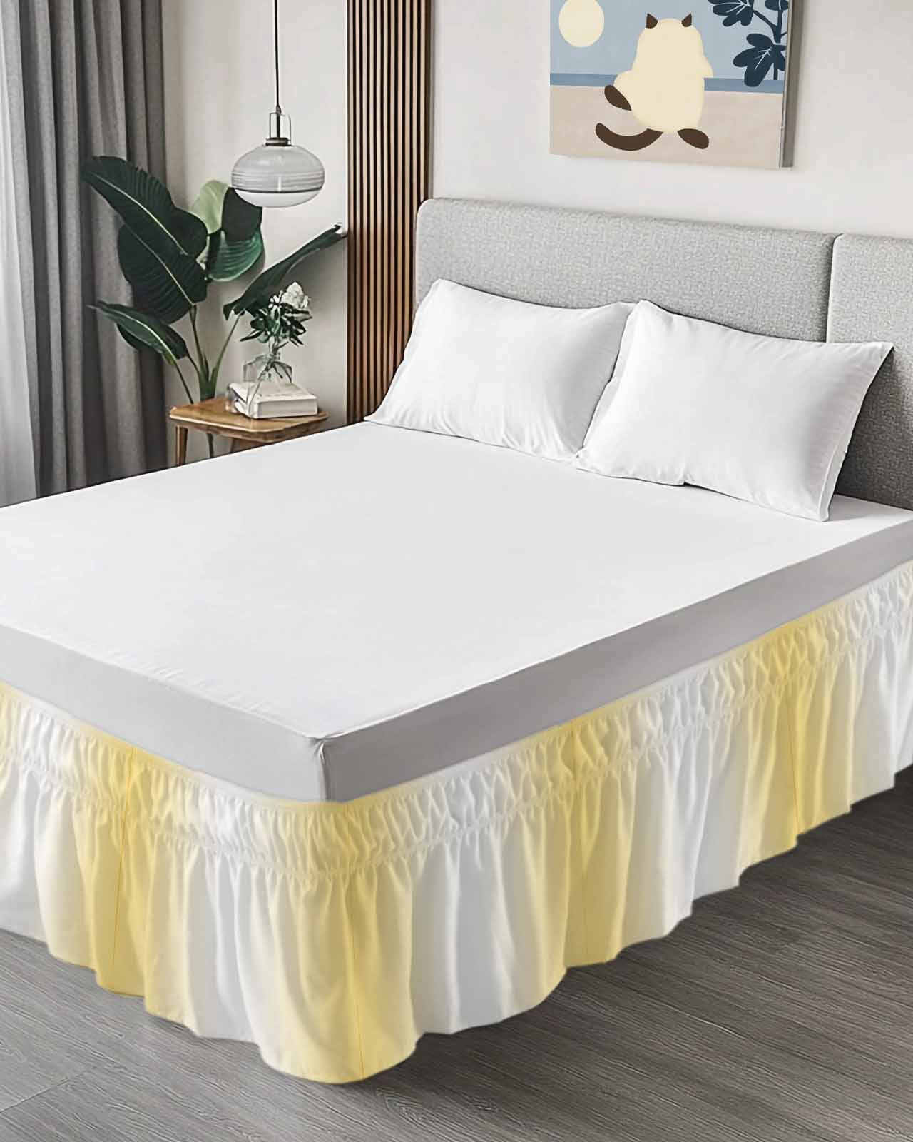 Ombre Ruffle Bed Skirt Queen Size Lemon Yellow and White Gradient Adjustable Elastic Dust Bed Skirts Wrap Around Bedskirt Wrinkle Free Easy Fit with 16 Inch Drop