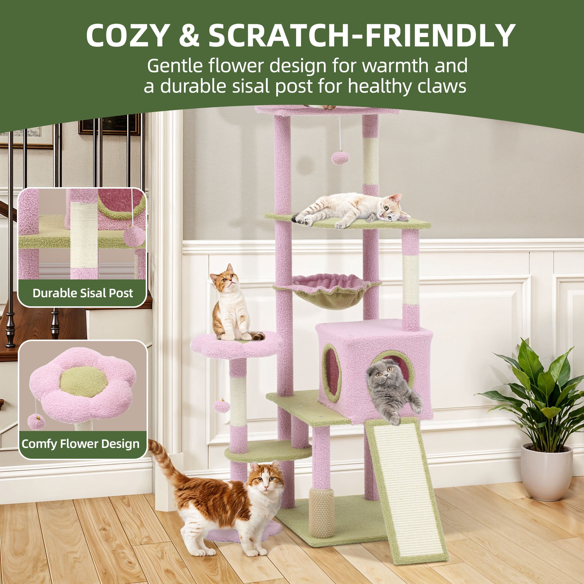 Uforic 61" Flower Cat Tree,Cat Tree Cute with Scratching Posts Tower with 3 Sisal Scratching Posts & Hammock for Medium Indoor Cats, Pink