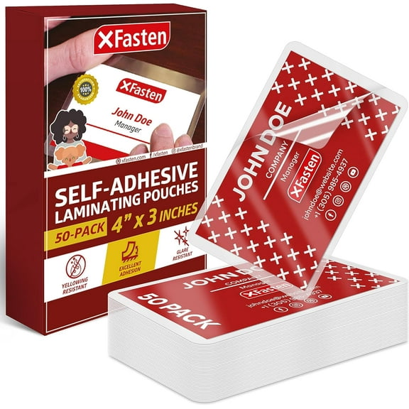 XFasten Self-Adhesive Laminating Pouches, 4" x 3", 50 Pack, Clear, Photo Size