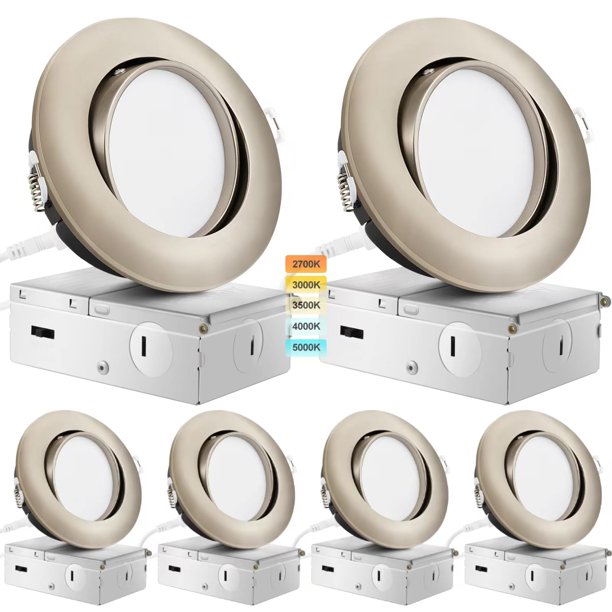 Knlnny Ware Iluminación Empotrable De Níquel Cepillado, 4 Pulgadas, Paquete De 6 Luces Empotrables Ajustables Con Cardán De Globo Ocular Con Caja De Conexiones, 9 W, 750 Lm, Regulable, 5 Cct Seleccion