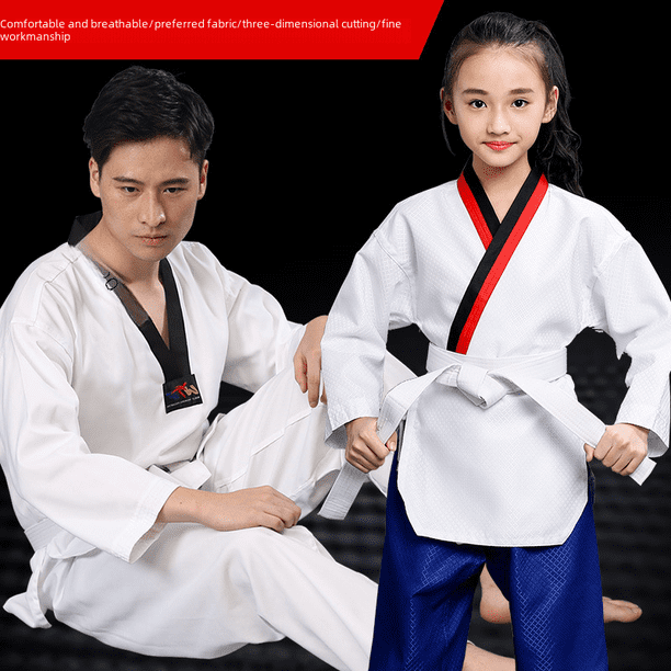 Verano blanco algodón tamaño artes marciales autodefensa transpirable color sólido niños taekwondo adornado uniformes de taekwondo