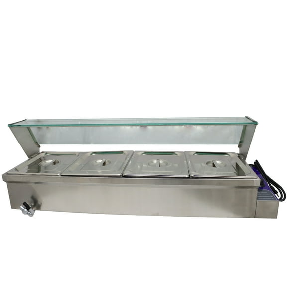 INTBUYING 4-Pan Food Warmer Commercial Buffet Food Warmer Stainless Steel Steam Table with Glass Shield