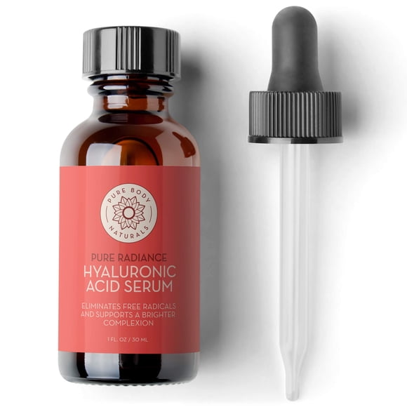 Suero de ácido hialurónico Pure Body Naturals para cara - Ácido hialurónico puro con vitaminas C y E - Fórmula no grasa + no comedogénica que desafía la edad y reduce las arrugas