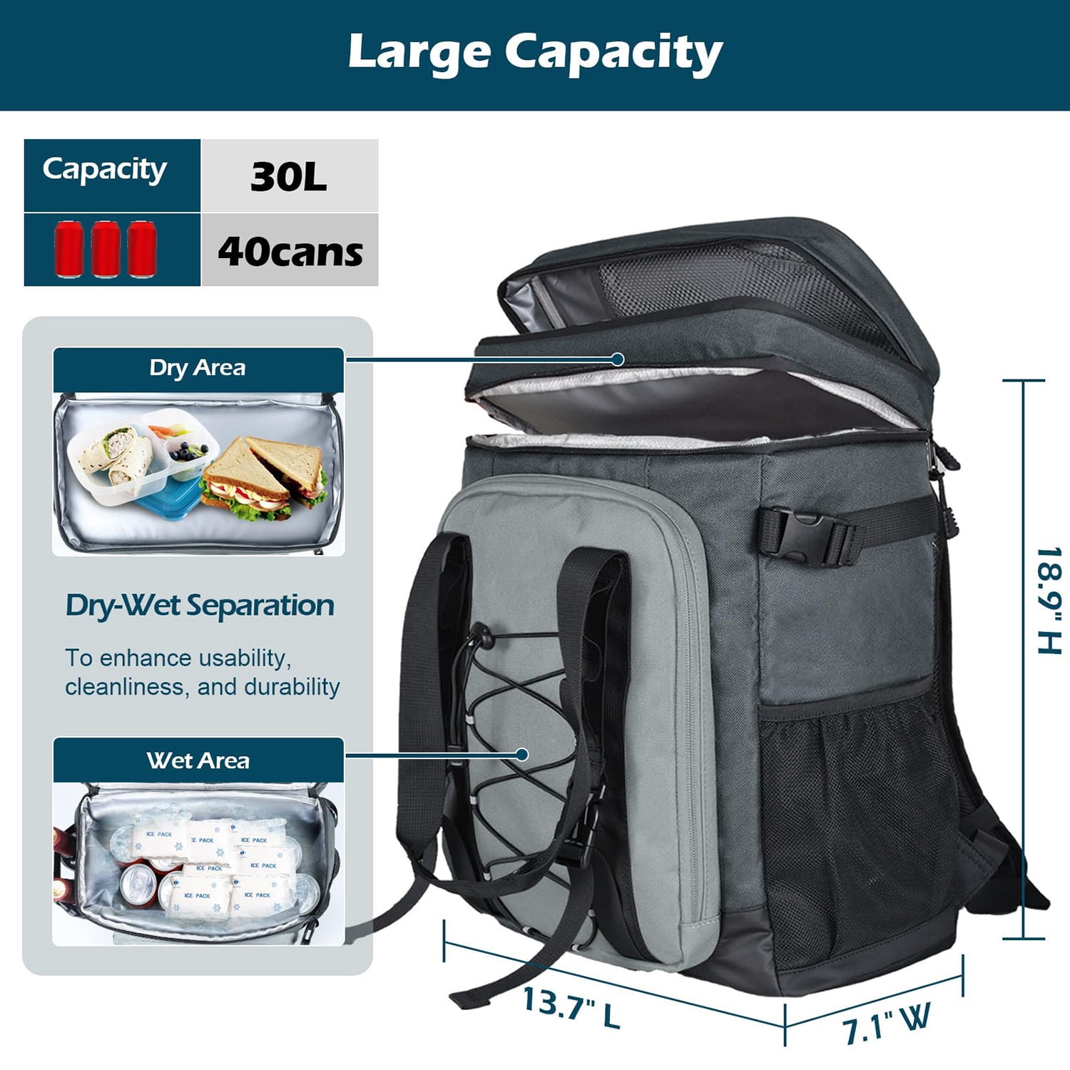 HOMEYA Cooler Backpack,40 Cans Backpack Cooler Insulated Leak Proof,Portable Multifunctional Double Deck Camping Coolers Bag for Picnic Hiking Travel,Dark Gray
