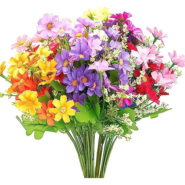 Nvzi 6 ramos de margaritas artificiales con hojas, margaritas de seda multicolor, arbustos verdes para decoración de interiores y exteriores, para el hogar, bodas, fiestas, jardines.