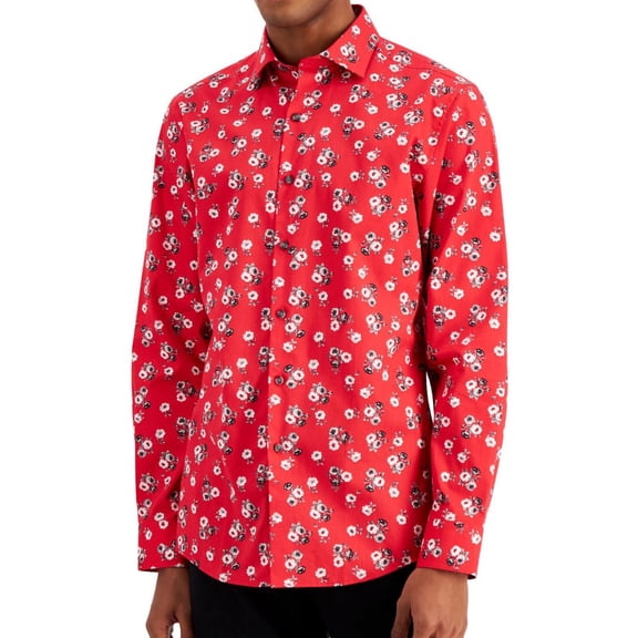 bar III Mens Slim Fit Performance Floral Button Down Dress Shirt, Red, 15-15.5
