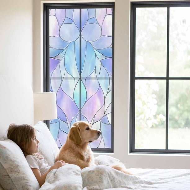 Stained Glass Window Privacy Film, Blue Purple Floral Geometric