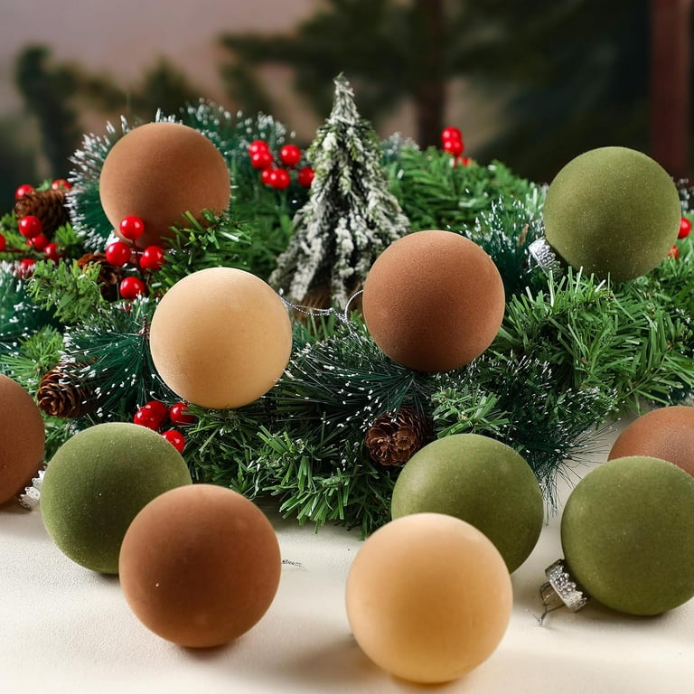 Christmas Tree Ornaments Velvet Balls - Pack of 15pcs Shatterproof Xmas  Bulbs Decorations Set - Multicolor Green Brown Neutral, 80mm 3.15 inch