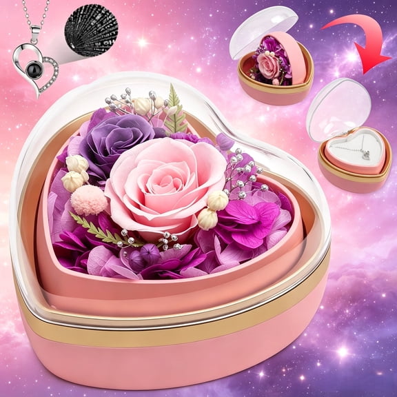Real Preserved Rose & Hidden Necklace Gift Box, Forever Flower Romantic Present for Women, Ideal for Birthday, Valentine's Day, Mother's Day & Holiday Gifting, Pink