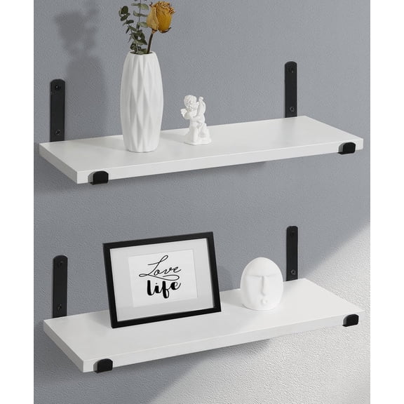 Afuly White Floating Shelves for Wall Hanging Shelves over Toilet Set of 2, 16in Wooden Decorative Shelves Wall Mounted with Black Brackets for Bathroom Bedroom Living Room