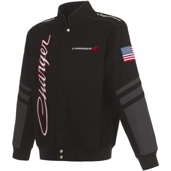 JH Design Men's Dodge Charger Jacket an Embroidered Classic Twill Coat